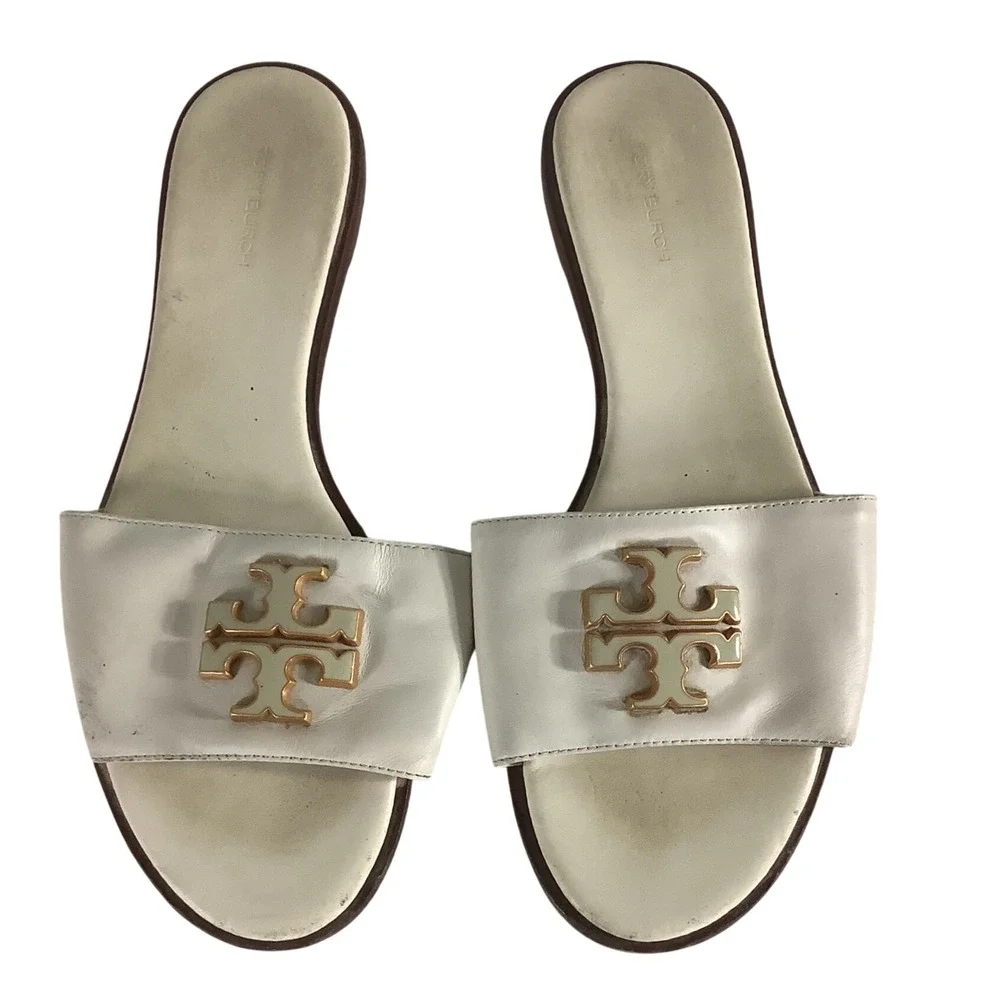 Tory Burch Ines Slide Sandals Cream White Leather Gold Logo Flat Slides Size 10